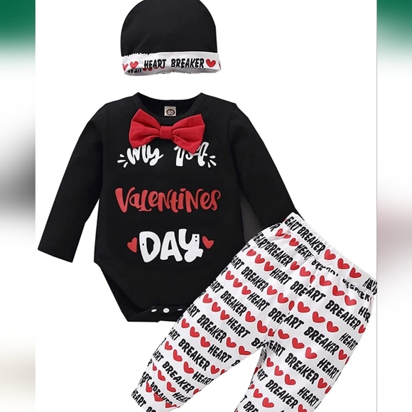 My First Valentine’s Day Outfit Newborn Infant Baby Long Sleeve Romper Pants Hat - Picture 1 of 3